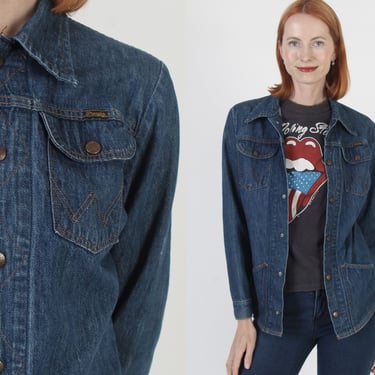 Womens Wrangler Denim Shirt Vintage 70s Blue Jean Snap Jacket Dark Indigo Soft Cowboy Top M 