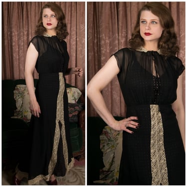 1940s Dress - Glorious Vintage 40s Ultra Sheer Black Chiffon Gown with White Lace Accent and Cutaway Skirt 