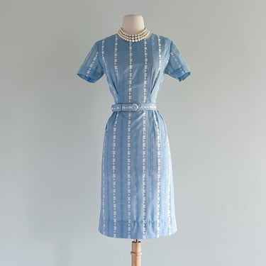 1960's Baby Blue Cotton Floral Embroidered Dress / Sz M