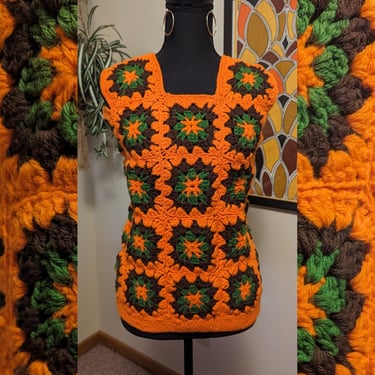 Vintage 1970s Orange, Brown & Green Acrylic Hand Crochet Granny Square Rib Tickler Vest 