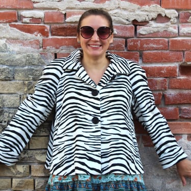 Zebra Print Jacket, Vintage 1990s John Caruana Swing Jacket, Black Ivory Animal Print, Faux Fur, Small Women 