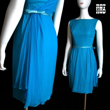 STUNNING Vintage 50s 60s Vibrant Blue Draped Hourglass Cocktail Dress 