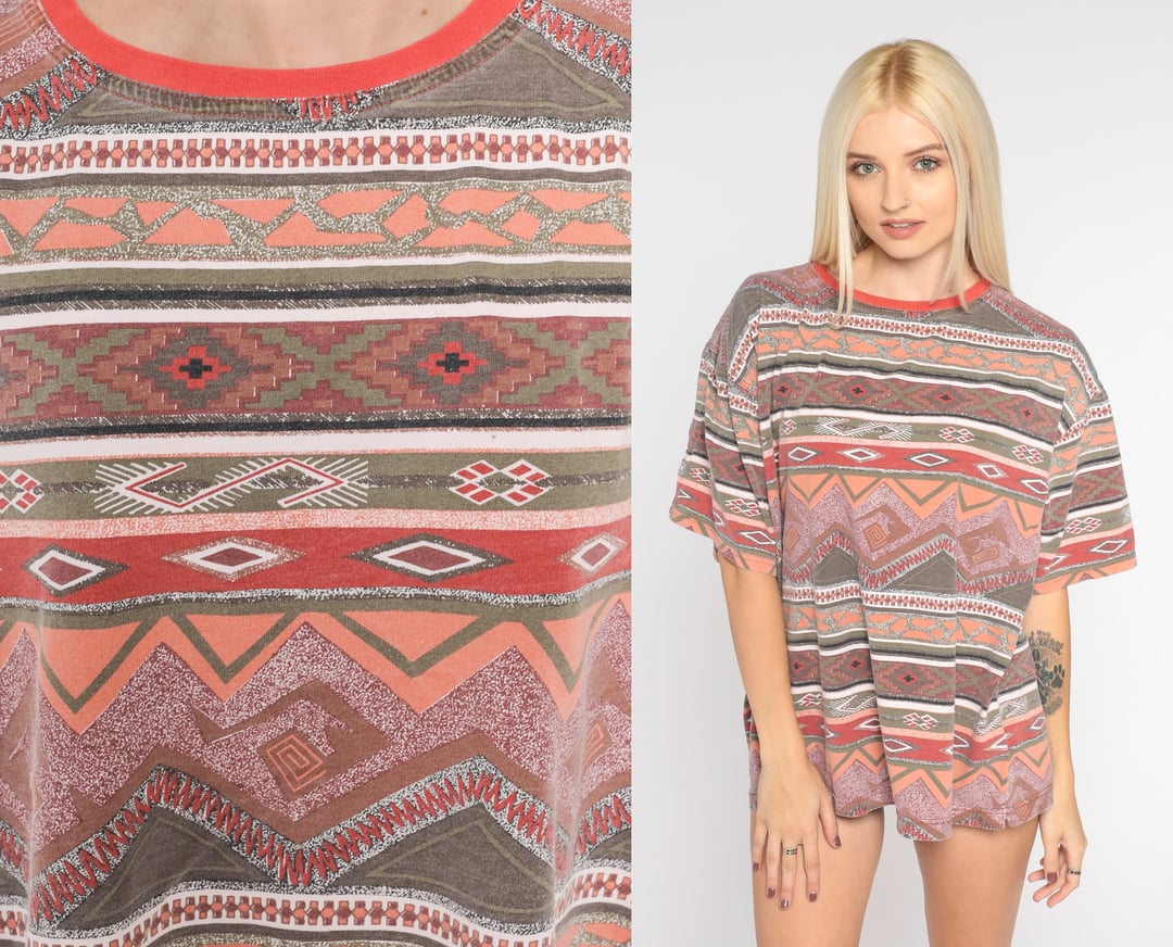 Geometric Print Shirt Y2k Southwestern T-Shirt Retro Navajo