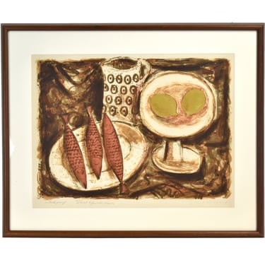 Emil Weddige Midcentury Modern A/P Lithograph Still Life w Fish Lemons 