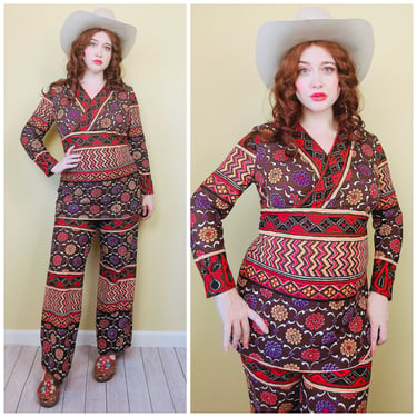 1970s Vintage Bon Marche Brown and Red Floral Pant Set / 70s Abstract Poly Knit Tunic and Pants / Size XL 