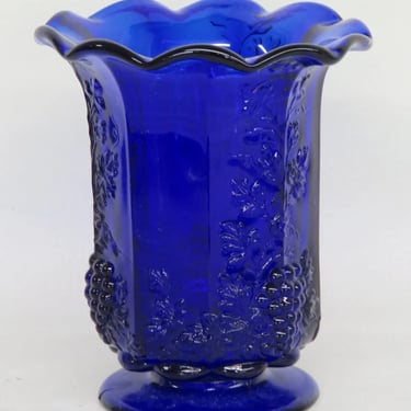 Mosser Glass Cobalt Blue Grape Leaves Vine Ruffled Rim Footed Vase 3135B