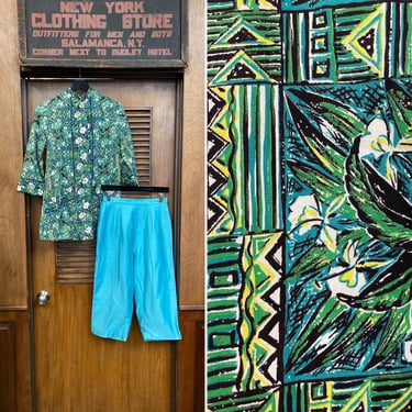 Vintage 1950’s Two Piece Tropical Tiki Cotton Hawaiian Beach Cover Up Set, Shirt Top, Shorts, Pants, Vintage Hawaiian Set, Tiki Print, 1950s 
