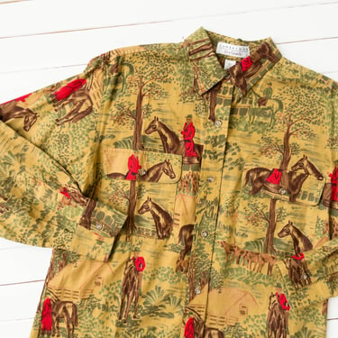 dark academia shirt | 90s vintage Cambridge Dry Goods tan yellow horse equestrian dog hunting long sleeve blouse 