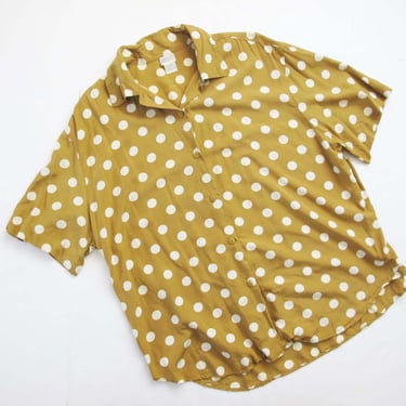 Vintage 80s Banana Republic Polka Dot Short Sleeve Button Up Large - Rayon Gold Yellow White Oversized Baggy Collared Camp Shirt 
