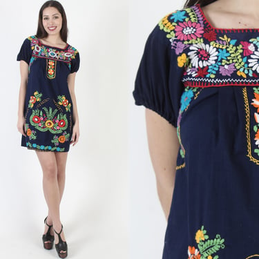 Traditional Mexican Hand Embroidered Puebla Mini Dress, All Cotton Floral Embroidery, Vintage Puff Sleeve Puebla Vestido Made In Mexico 