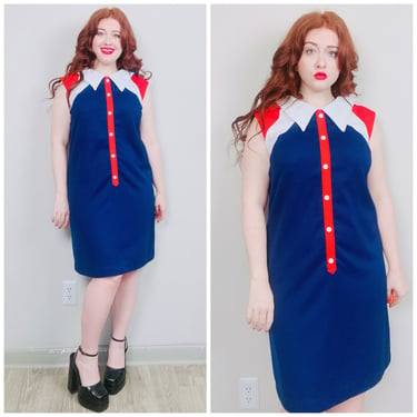1960s Vintage Red, White and Blue Mod Shift Dress / 60s / Sixties Color Block Polyester Knit Scooter Dress / XL 