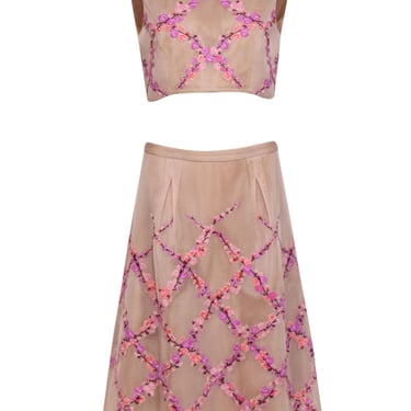 BCBG Max Azria - Blush Mesh Floral Embroidered Crop Tank & Midi Skirt Set Sz S