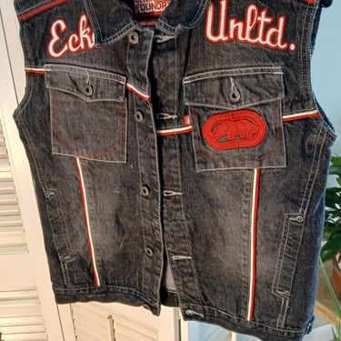 Vintage 90s Black n Red Ecko Unltd. Spellout Denim Vest  Made in USA sz L / Rhino Applique Back 