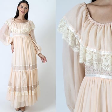 Gunne Sax Off The Shoulder Wedding Dress, Peach Bohemian Bridal Gown, Poet Sleeve Cottagecore Maxi 