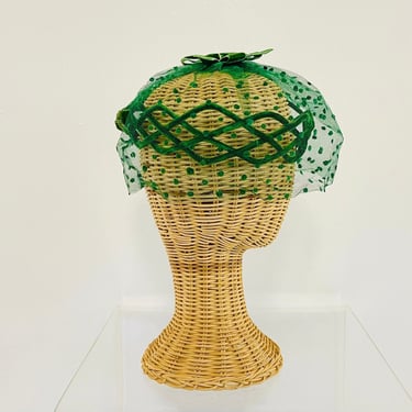 Vintage 1950s Retro Green Velvet Lace Headband Swiss Dot Church Hat Hair Net 