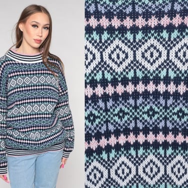 90s Geometric Sweater Multicolor Fair Isle Sweater 80s Pullover Striped Mock Neck Statement Knit Nordic 1990s Vintage Blue Pink Large L 