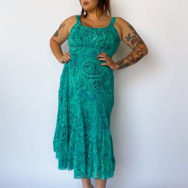 Y2K Green and Blue Tiered Midi Dress, sz. XL