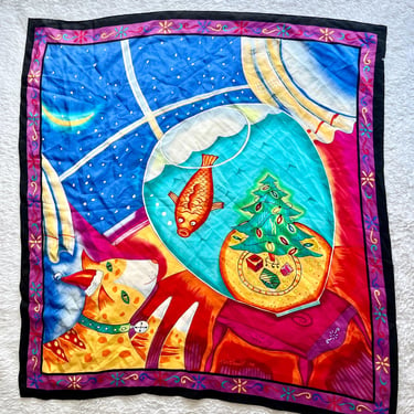 Large Artistic Scarf, Cat, Fish Bowl, Holiday, Christmas Tree, Signed, Date 1994, Square Foulard, Vivid Colors, Vintage Accessory 