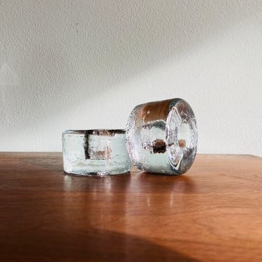 Vintage Blenko candle holders 990-A / minimalist modern clear blown-glass donut candleholders 