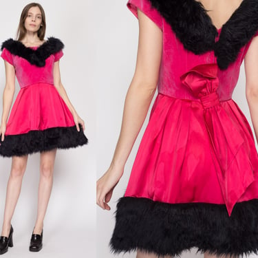 Small 60s Hot Pink Faux Fur Trim Party Dress | Vintage 1960s Velvet & Satin Low Back Bow Mini Dress 