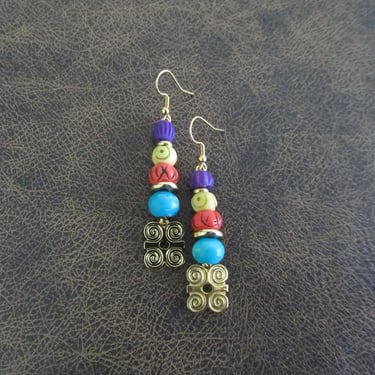 Colorful batik print bone earrings, adinkra symbol 