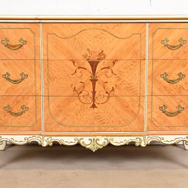Romweber French Rococo Louis XV Satinwood Inlaid Marquetry and Parcel Painted Dresser, Circa 1930s