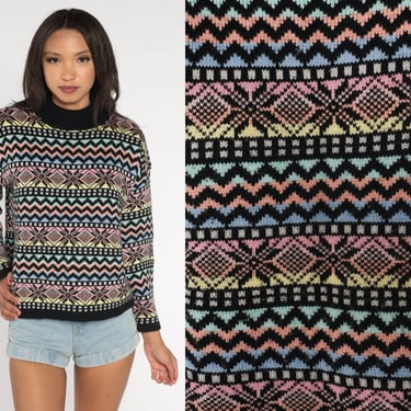 Rainbow Snowflake Sweater 80s Knit Pullover Fair Isle Sweater Nordic Mockneck Geometric Striped Print Pullover Acrylic Vintage 1980s Large L 
