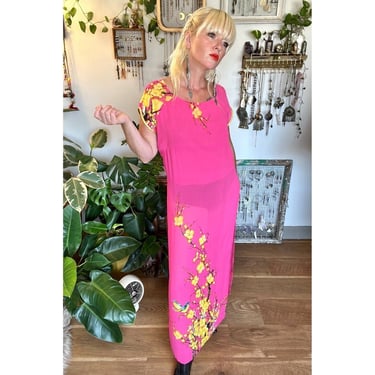 Y2K Hot Pink Silk Dress High Slit Dresses Novelty Print Sheer Clothing 