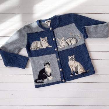 cat sweater | 90s vintage blue wool patchwork colorblock kitten novelty cottagecore streetwear aesthetic cardigan 