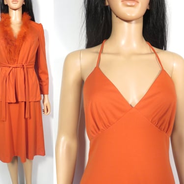 Vintage 70s Orange Rust Maribou Feather Trim 2 Piece Set With Halter Dress Size S 