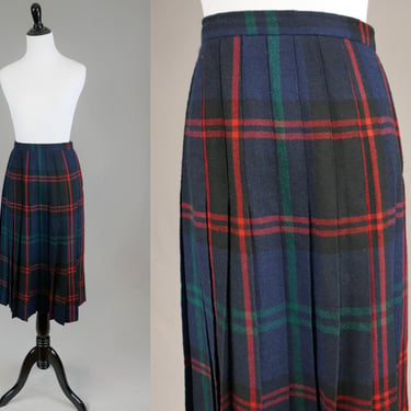 70s 80s Pleated Plaid Wool Skirt - 25" waist - Black Red Navy Blue Green - Jones New York - Vintage 1970s 1980s - XS 
