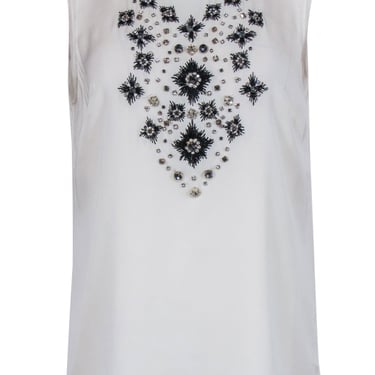 Milly - White Sleeveless Silk Blouse w/ Crystal & Embroidered Embellishment Sz 6