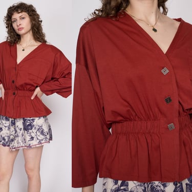 80s Rust Red Batwing Sleeve Blouse - Medium | Vintage Boho Button Up V Neck Long Sleeve Top 