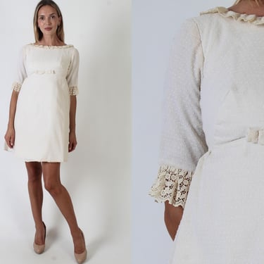 60s Bridal Micro Mini Dress, Vintage Nubby Swiss Dot Material, High Waist Wedding Babydoll Outfit 