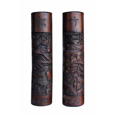 Pair Hand Carved Chinese Thick Bamboo Calligraphy Landscape Panel n327E 