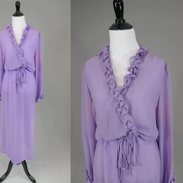 70s Semi Sheer Purple Dress - Ruffle Trim - Vintage 1970s - M L 