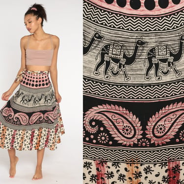 Camel Wrap Skirt Indian Paisley Floral Skirt Boho Hippie Skirt 90s Cotton Bohemian Skirt Vintage Red Black Cream Small Medium Large 