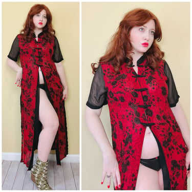 1990s Vintage Rayon Maroon Embroidered Mandarin Collar Jacket / 90s Beaded Sheer High Neck Duster / Size 1X 