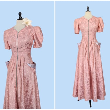 Vintage 1940s Pink Floral Front Zip Dress, Vintage 40s Floor Length Gown 