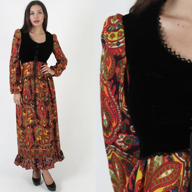 Young Innocent By Arpeja Bohemian Corset Dress, Vintage 70s Psychedelic Pailsey Print Gown, Black Velvet Cottagecore Medieval Outfit 