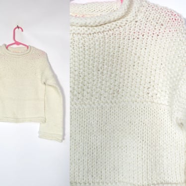 Vintage 70s Kids Ivory Hippie Bell Sleeve Fisherman Sweater Size 10/12 