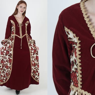 Black Label Gunne Sax Jute Maxi Dress / Floral Tapestry Renaissance Fair Dress / Lace Up Corset RicRac Trim 