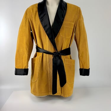 1950's-60-s CORDUROY Robe - Lounge Robe - Smoking Jacket - Golden Yellow & Black - Men's Size Medium 