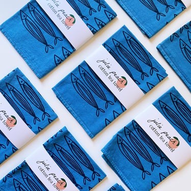 Julie Peach - Blue Sardines 20" Tea Towel - Silkscreened 100% Cotton