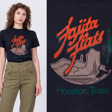 80s Fajita Flats T Shirt - Men's XS, Women's Small | Vintage Black Houston Texas Restaurant Graphic Travel Tee 