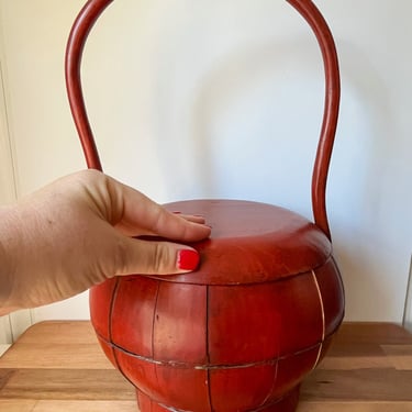 Large Vintage Painted Chinese Rice Bucket. Painted Asian Basket. 