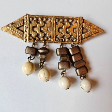 Gold Beaded Vintage Brooch, Dangle Brooch, Bronze and Gold Toned Brooch, Geometric Brooch, Vintage Pin, Beaded Pin, Asymmetrical Pin 