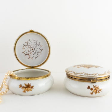One Round Porcelain Trinket Jewelry Box, Sold Separately, White with Gold Floral Lidded Ceramic Container, Andrea by Sadek Japan 