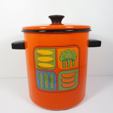 Vintage Orange Enamel Stock Soup Pot 