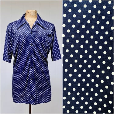 Vintage 1970s Navy and White Polka Dot Disco Shirt, 70s Short Sleeve Polyester Hipster Shirt, Tall XL, 46 Inch Chest 